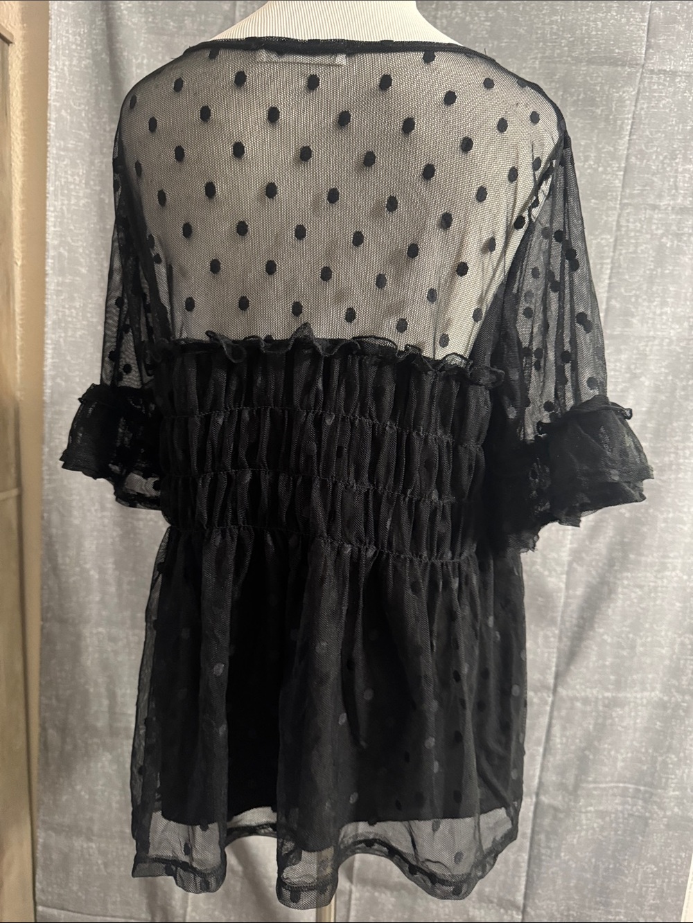 Black Polka Dot Sheer Ruffled Babydoll Top - Picture 8 of 10